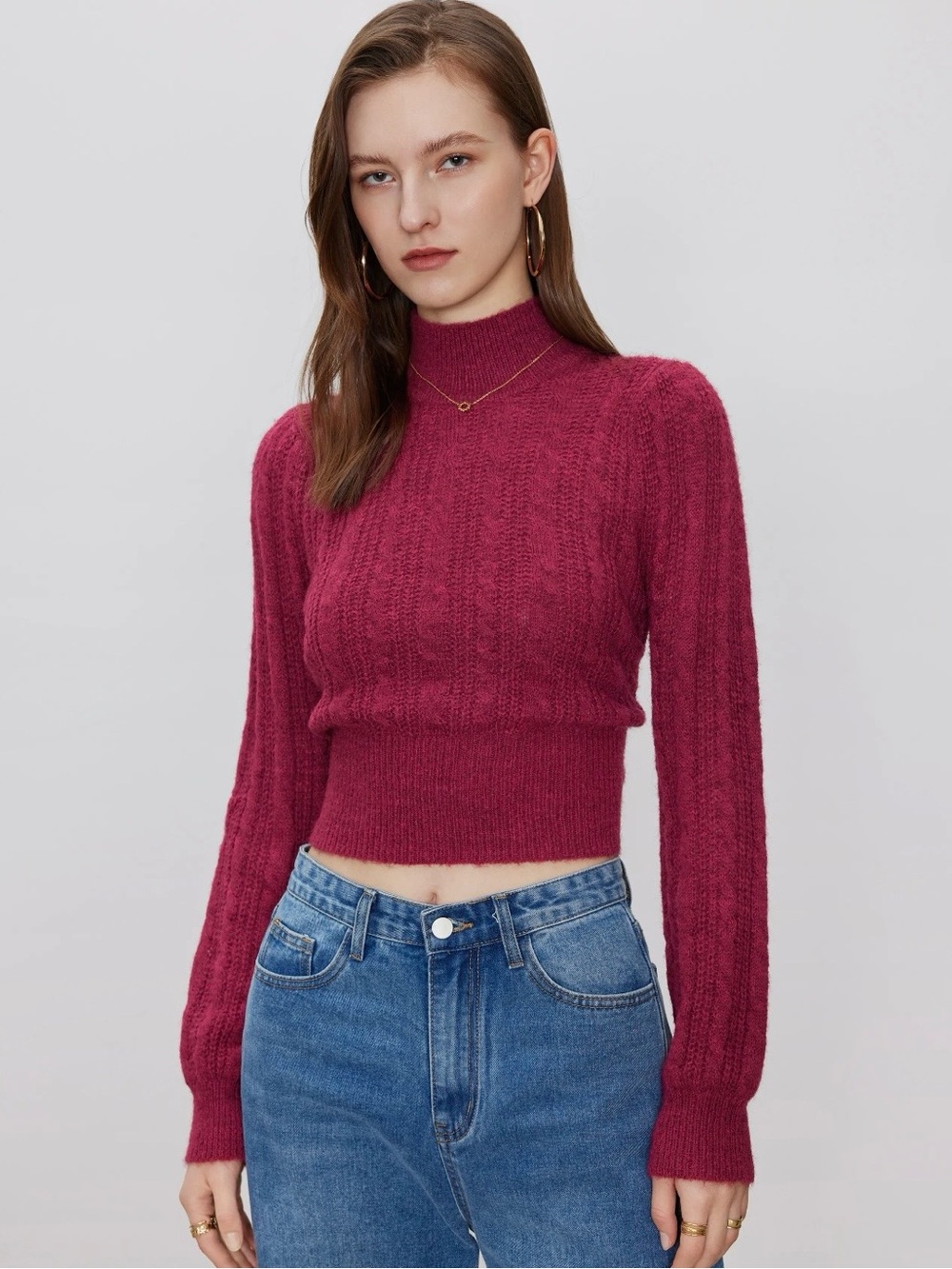 Wool Blend Cable Knit Copped High Neck Sweater, Size Medium